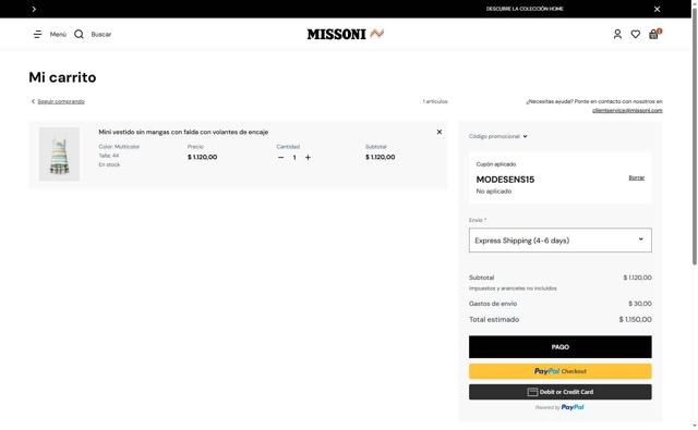 Missoni checkout page showing Missoni discount code box | Screenshot taken by SimplyCodes community member on May 5, 2025