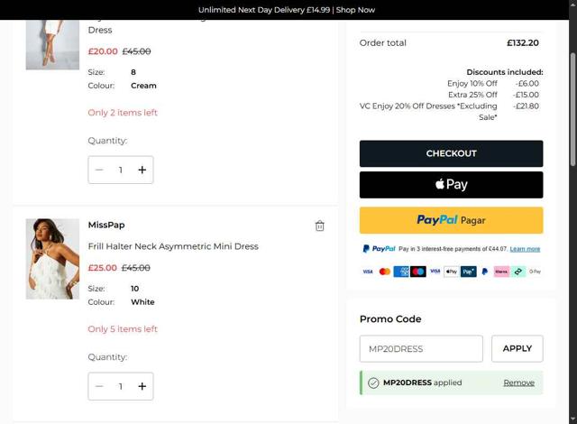 MissPap checkout page showing MissPap discount code box | Screenshot taken by SimplyCodes community member on Aug 25, 2025