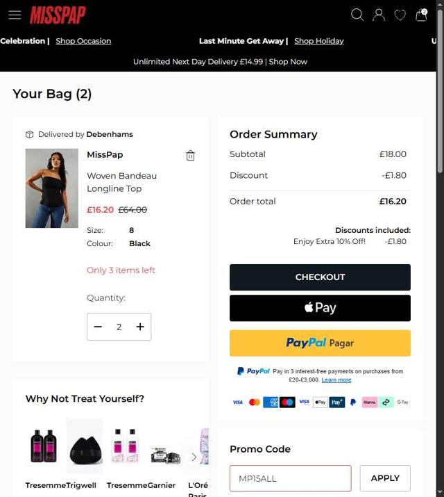 MissPap checkout page showing MissPap discount code box | Screenshot taken by SimplyCodes community member on Sep 5, 2025