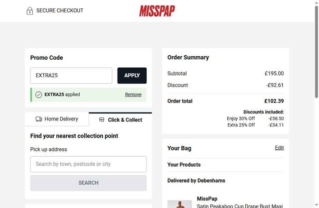 MissPap checkout page showing MissPap discount code box | Screenshot taken by SimplyCodes community member on Jul 11, 2025