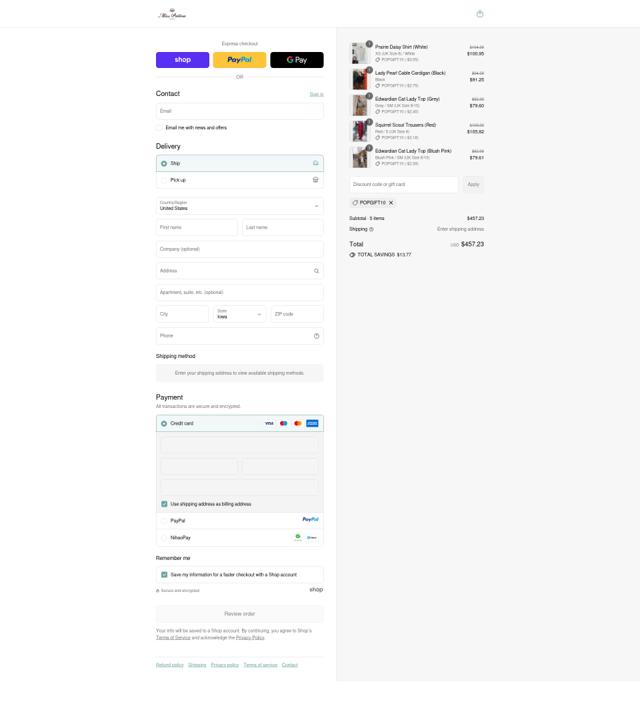 Miss Patina checkout page showing Miss Patina discount code box | Screenshot taken by SimplyCodes community member on Sep 11, 2025