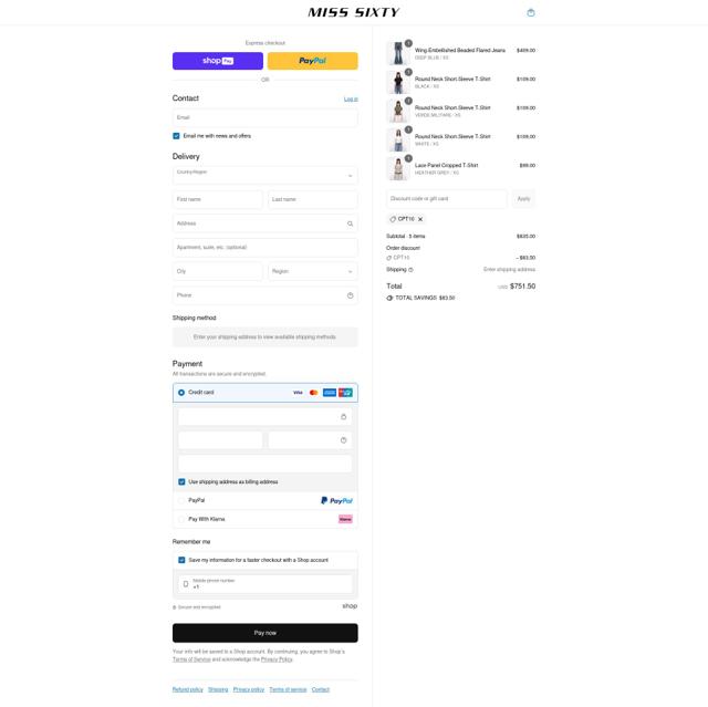 Miss Sixty checkout page showing Miss Sixty promo code box | Screenshot taken by SimplyCodes community member on Aug 11, 2025