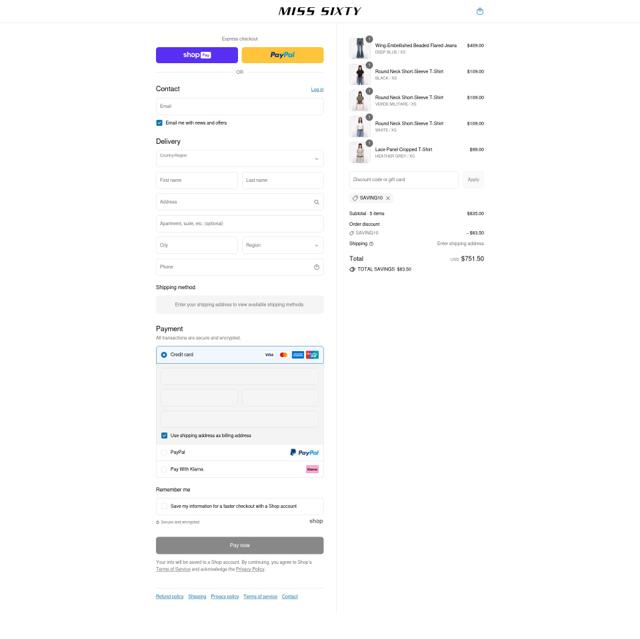 Miss Sixty checkout page showing Miss Sixty promo code box | Screenshot taken by SimplyCodes community member on Aug 11, 2025