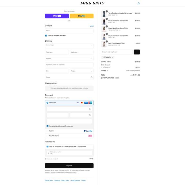 Miss Sixty checkout page showing Miss Sixty promo code box | Screenshot taken by SimplyCodes community member on Aug 11, 2025