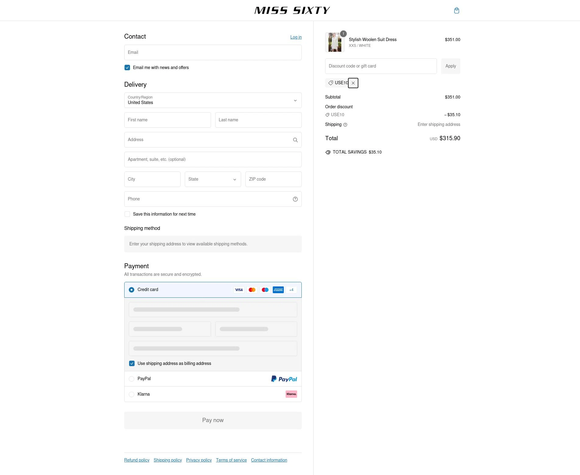 where to use Miss Sixty promo code box
