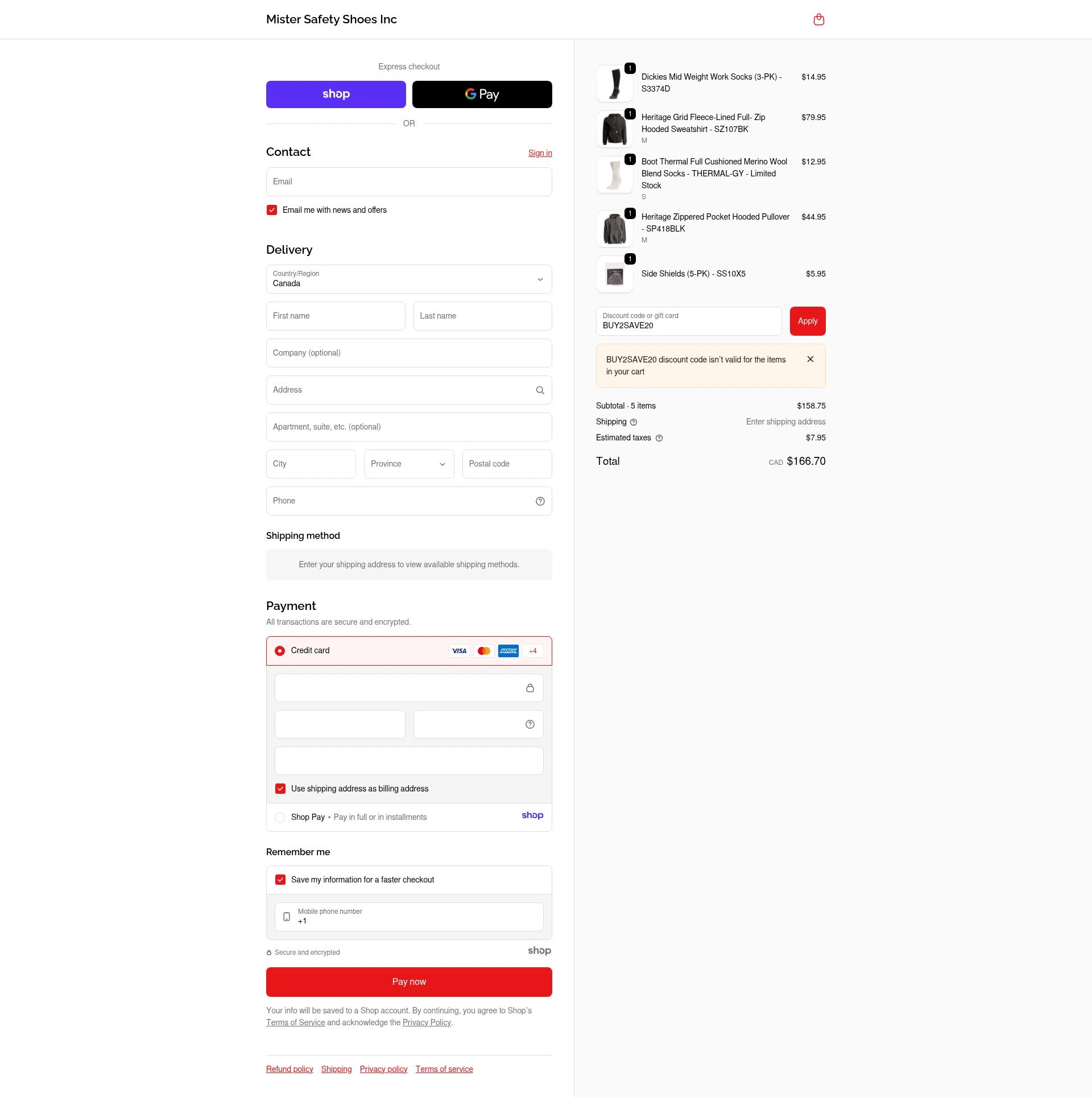 Mister Safety Shoes checkout page showing Mister Safety Shoes discount code box | Screenshot taken by SimplyCodes community member on Dec 15, 2025
