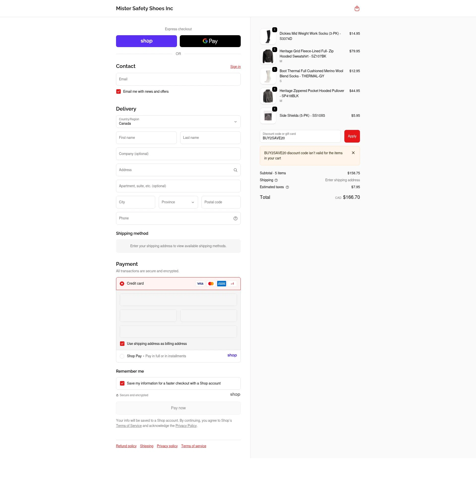 Mister Safety Shoes checkout page showing Mister Safety Shoes discount code box | Screenshot taken by SimplyCodes community member on Dec 10, 2025