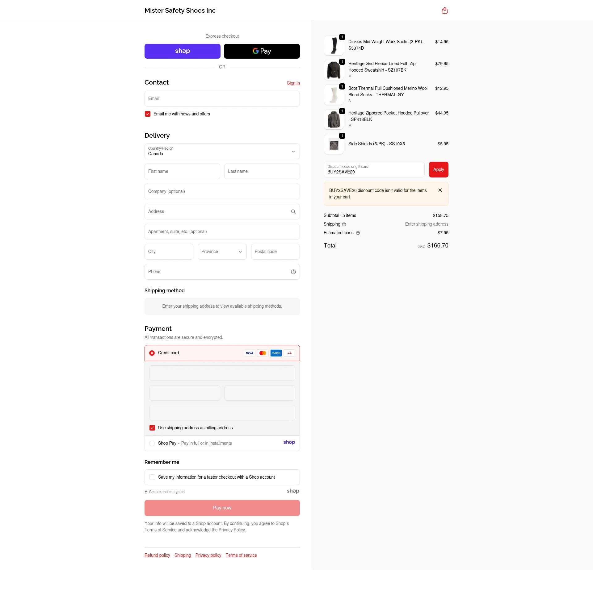 Mister Safety Shoes checkout page showing Mister Safety Shoes discount code box | Screenshot taken by SimplyCodes community member on Nov 29, 2025