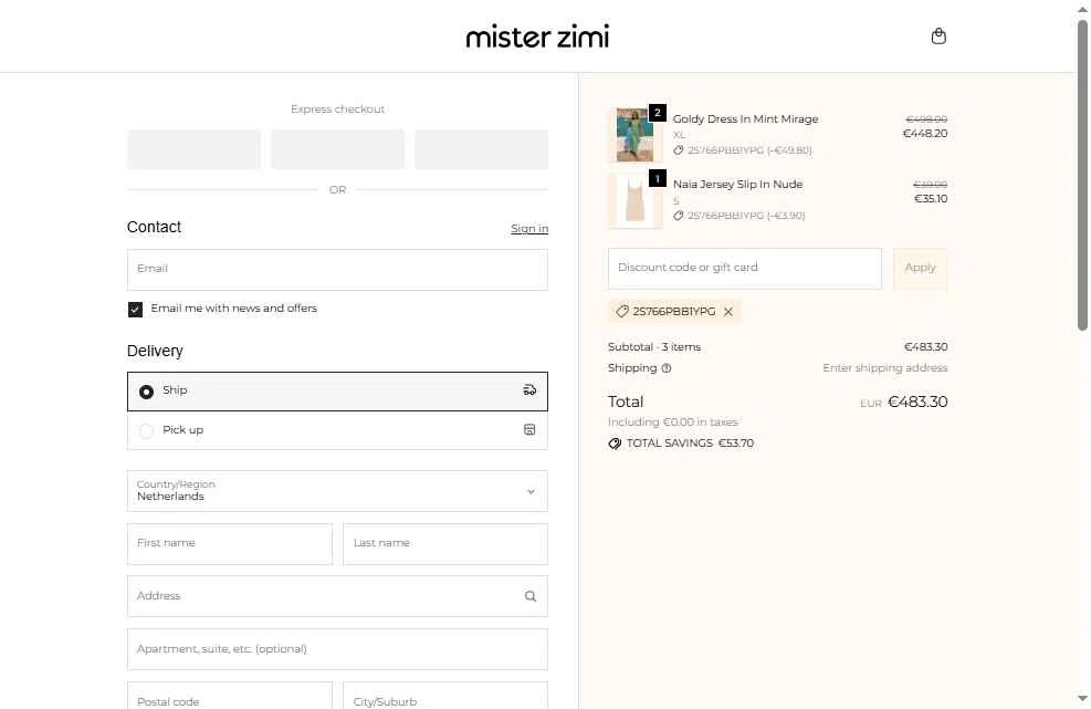 Mister Zimi checkout page showing Mister Zimi promo code box | Screenshot taken by SimplyCodes community member on Jan 31, 2026