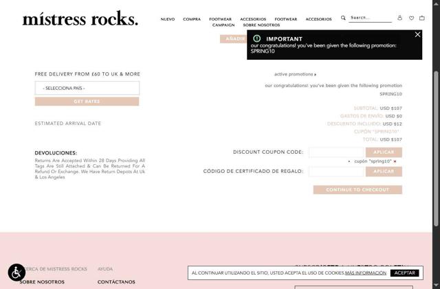 Mistress Rocks checkout page showing Mistress Rocks discount code box | Screenshot taken by SimplyCodes community member on Apr 19, 2025
