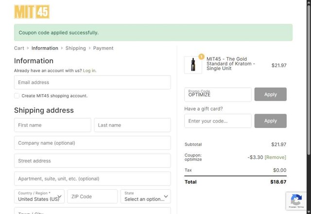 MIT45 checkout page showing MIT45 coupon code box | Screenshot taken by SimplyCodes community member on Jul 19, 2025