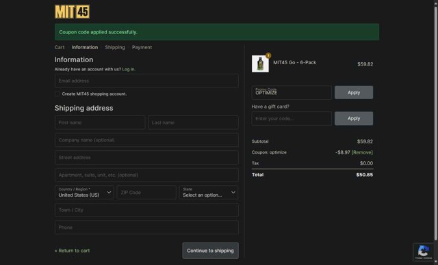 MIT45 checkout page showing MIT45 coupon code box | Screenshot taken by SimplyCodes community member on Jul 19, 2025