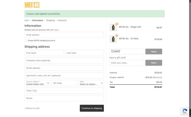 MIT45 checkout page showing MIT45 coupon code box | Screenshot taken by SimplyCodes community member on Jul 28, 2025