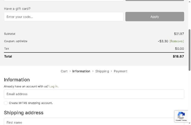 MIT45 checkout page showing MIT45 coupon code box | Screenshot taken by SimplyCodes community member on Jul 19, 2025