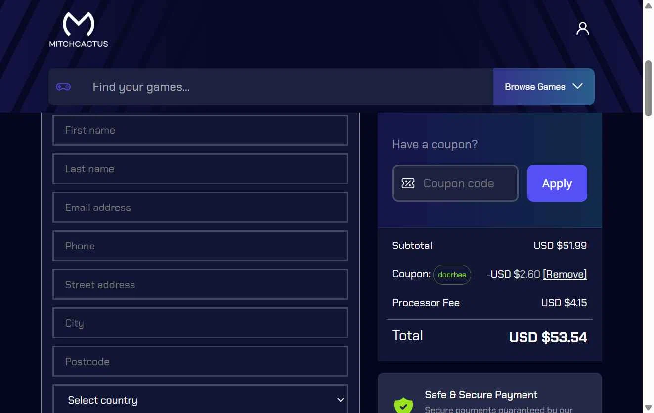 MitchCactus checkout page showing MitchCactus coupon code box | Screenshot taken by SimplyCodes community member on Jan 21, 2026
