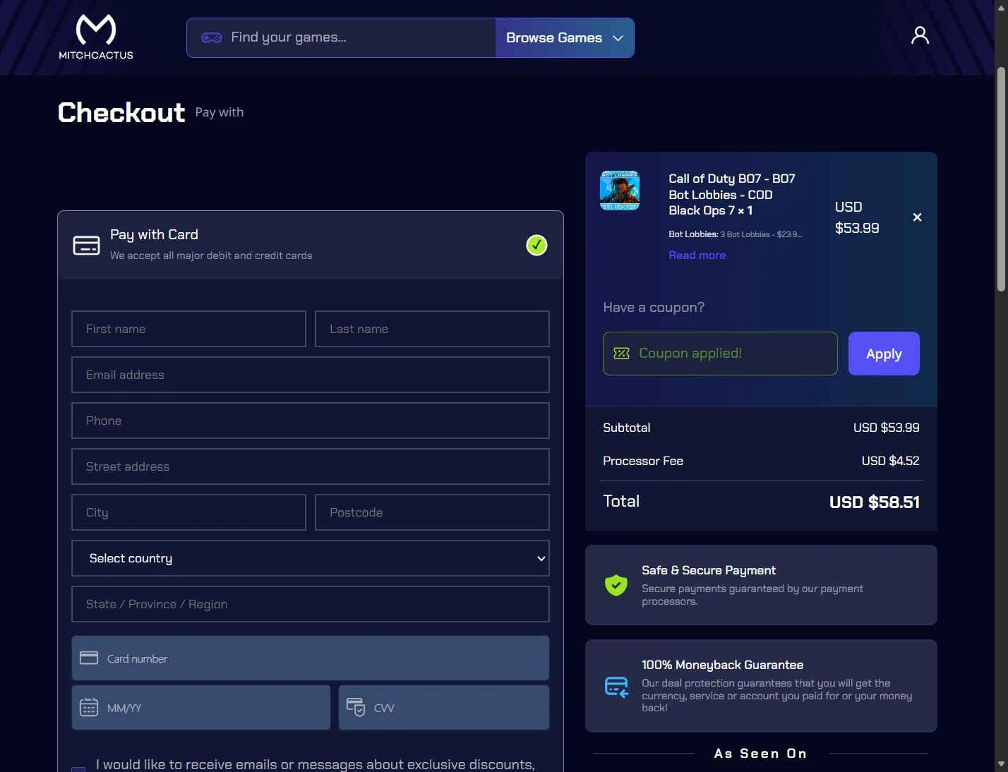 MitchCactus checkout page showing MitchCactus coupon code box | Screenshot taken by SimplyCodes community member on Jan 4, 2026