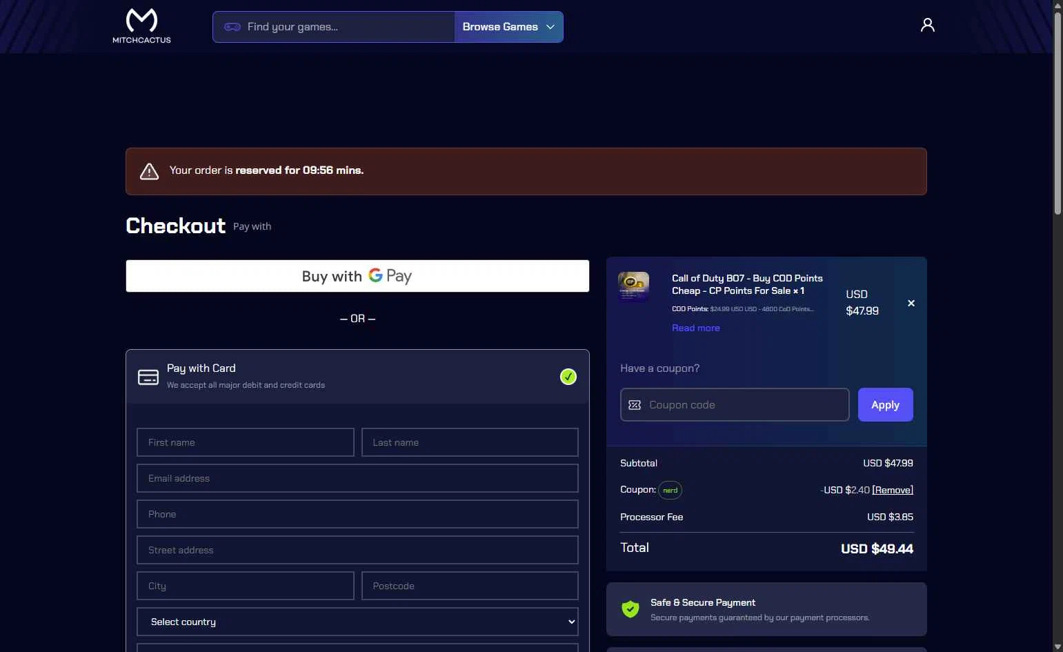 MitchCactus checkout page showing MitchCactus coupon code box | Screenshot taken by SimplyCodes community member on Feb 2, 2026