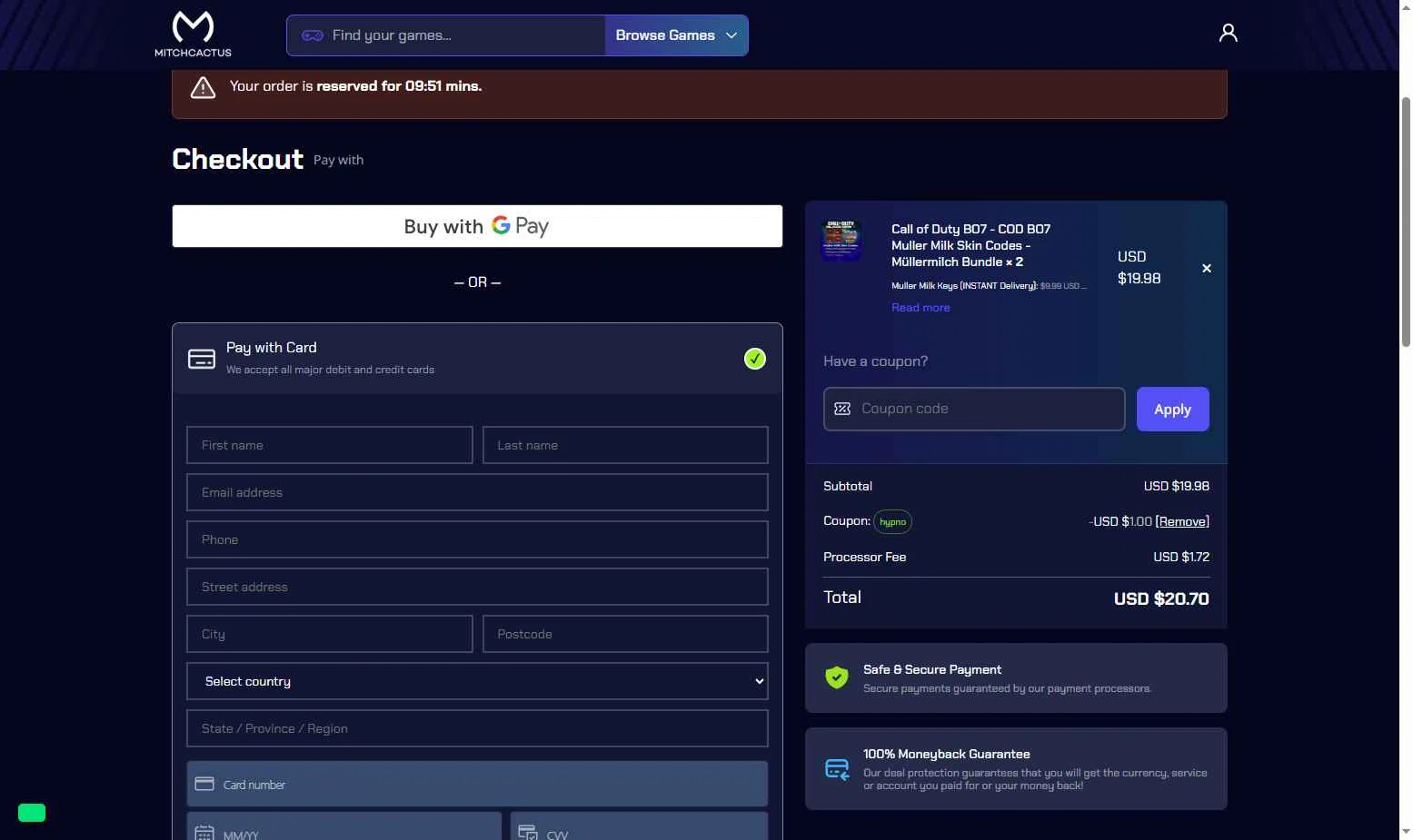 MitchCactus checkout page showing MitchCactus coupon code box | Screenshot taken by SimplyCodes community member on Dec 6, 2025