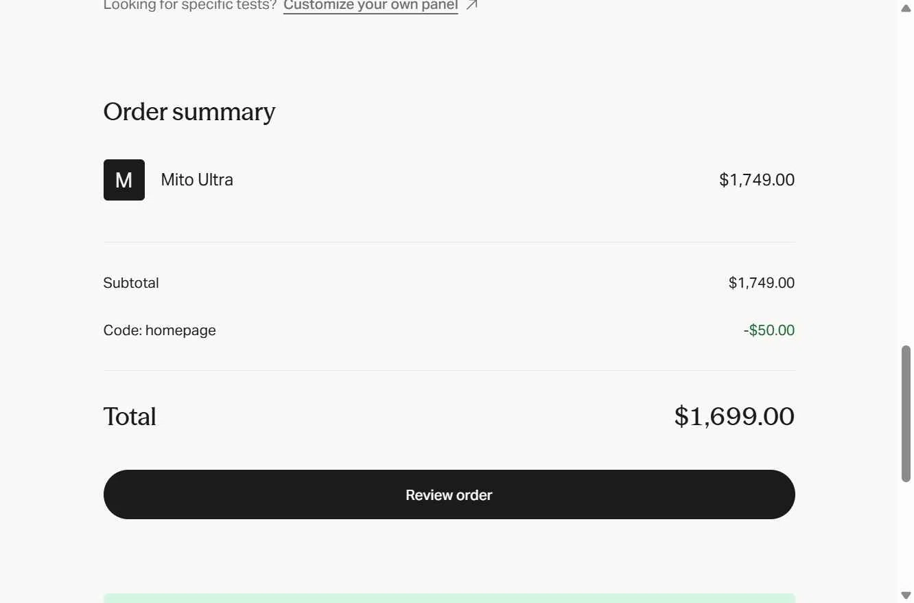 Mito Health checkout page showing Mito Health promo code box | Screenshot taken by SimplyCodes community member on Dec 17, 2025