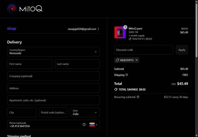 MitoQ checkout page showing MitoQ promo code box | Screenshot taken by SimplyCodes community member on Sep 2, 2025