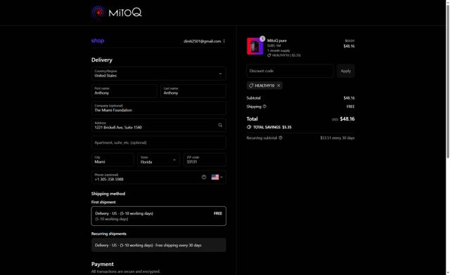 MitoQ checkout page showing MitoQ promo code box | Screenshot taken by SimplyCodes community member on Sep 6, 2025