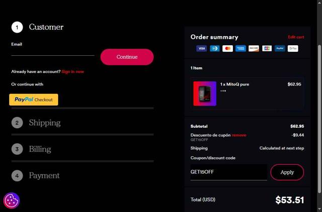 MitoQ checkout page showing MitoQ promo code box | Screenshot taken by SimplyCodes community member on Jul 16, 2025