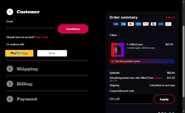 MitoQ checkout page showing MitoQ promo code box | Screenshot taken by SimplyCodes community member on Aug 8, 2025