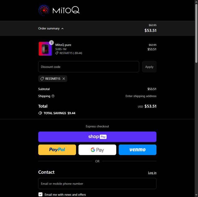 MitoQ checkout page showing MitoQ promo code box | Screenshot taken by SimplyCodes community member on Aug 13, 2025
