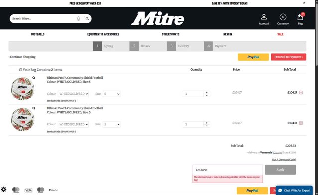 Mitre checkout page showing Mitre discount code box | Screenshot taken by SimplyCodes community member on Sep 8, 2025
