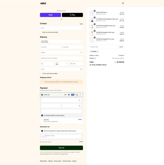 Mitzi checkout page showing Mitzi promo code box | Screenshot taken by SimplyCodes community member on Sep 3, 2025