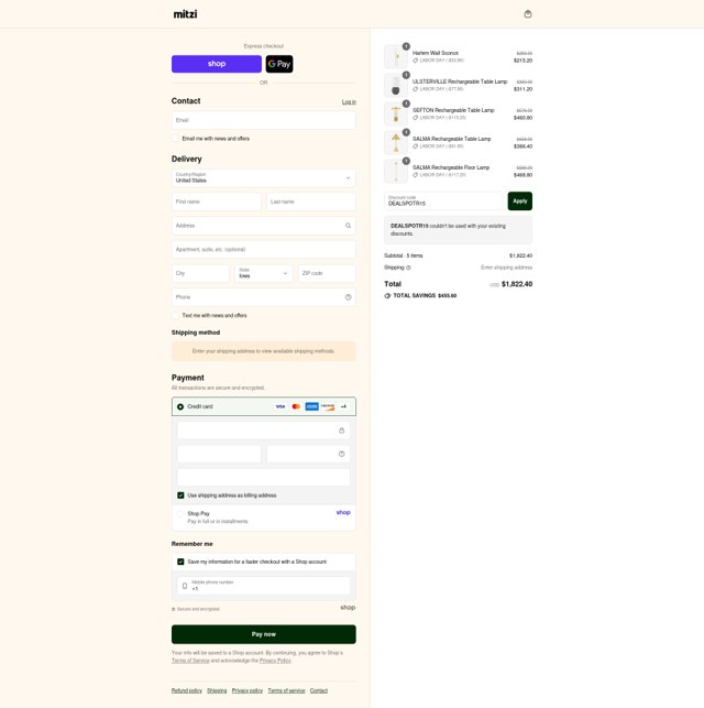 Mitzi checkout page showing Mitzi promo code box | Screenshot taken by SimplyCodes community member on Sep 3, 2025