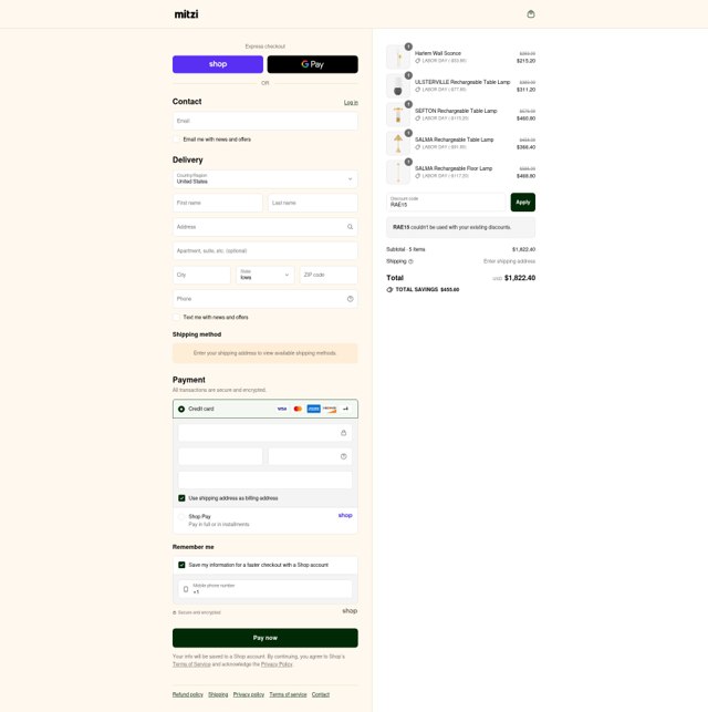 Mitzi checkout page showing Mitzi promo code box | Screenshot taken by SimplyCodes community member on Aug 30, 2025