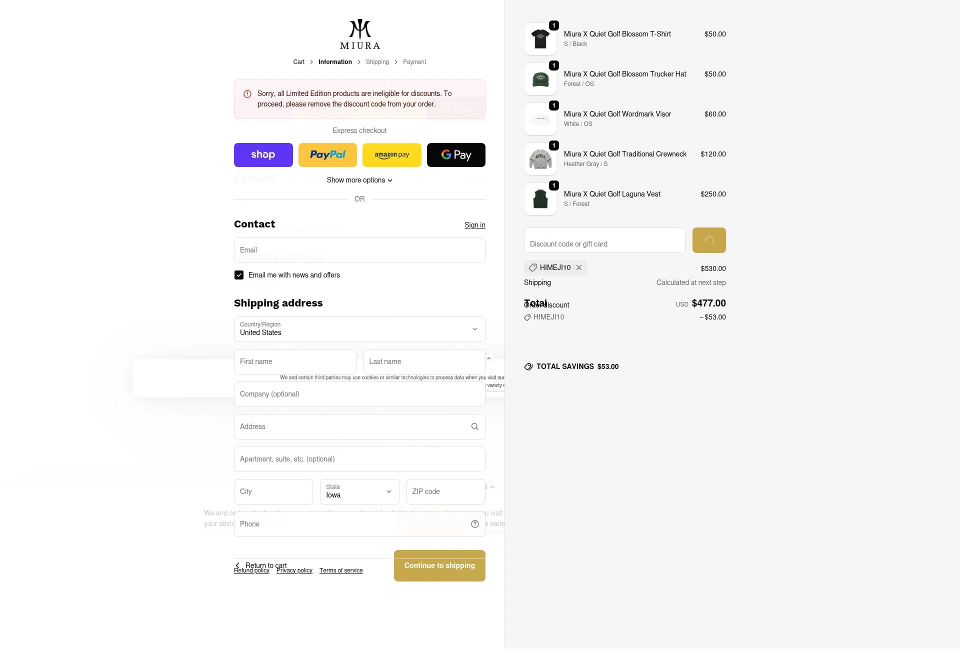 Miura Golf checkout page showing Miura Golf discount code box | Screenshot taken by SimplyCodes community member on Feb 15, 2026