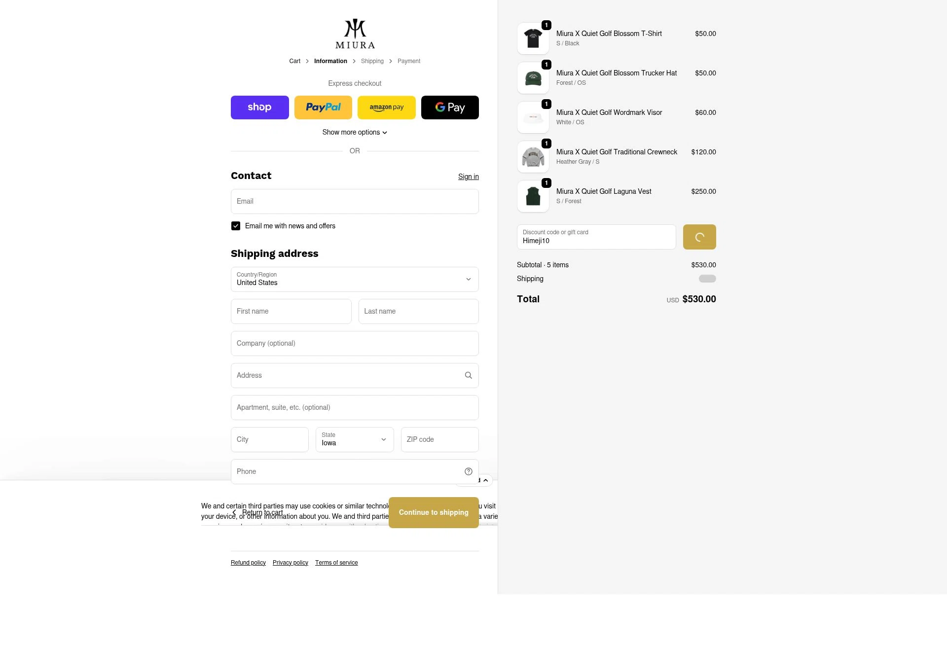Miura Golf checkout page showing Miura Golf discount code box | Screenshot taken by SimplyCodes community member on Feb 19, 2026