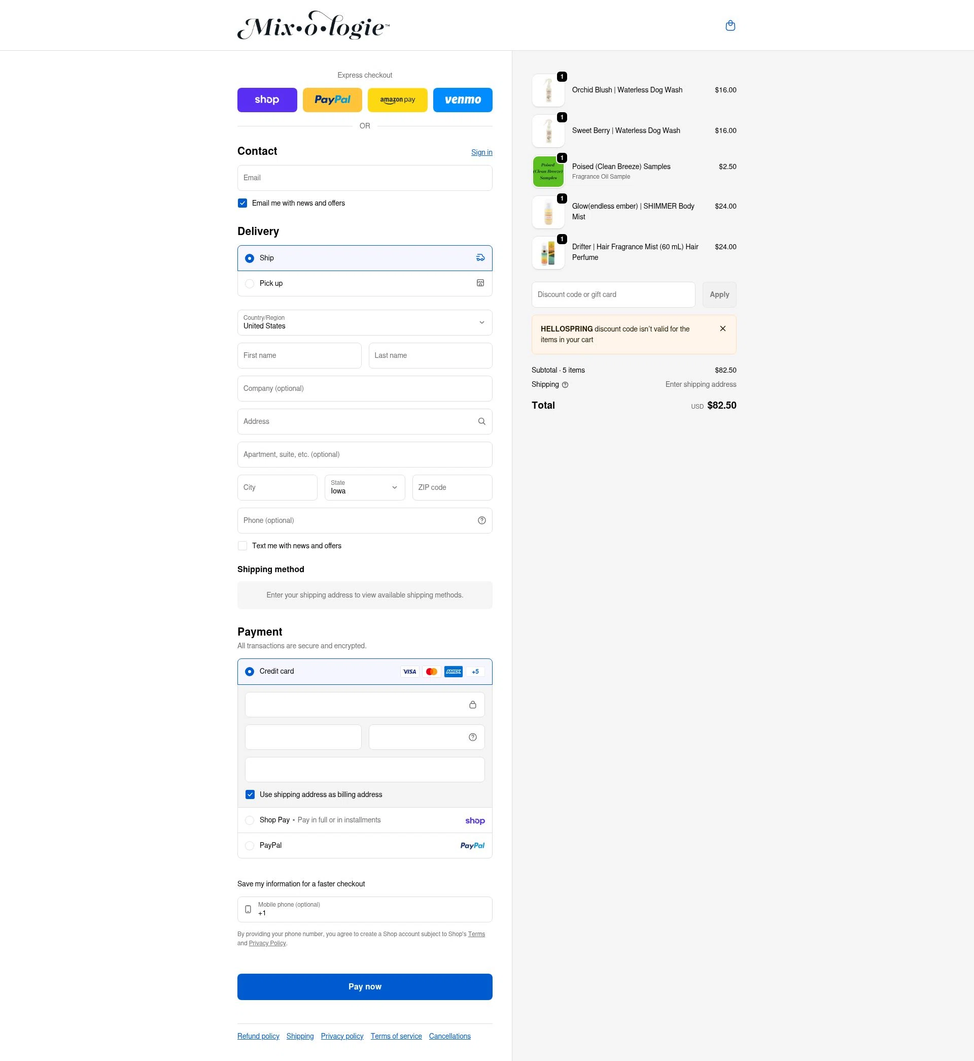 MIXOLOGIE checkout page showing MIXOLOGIE coupon code box | Screenshot taken by SimplyCodes community member on Feb 26, 2026