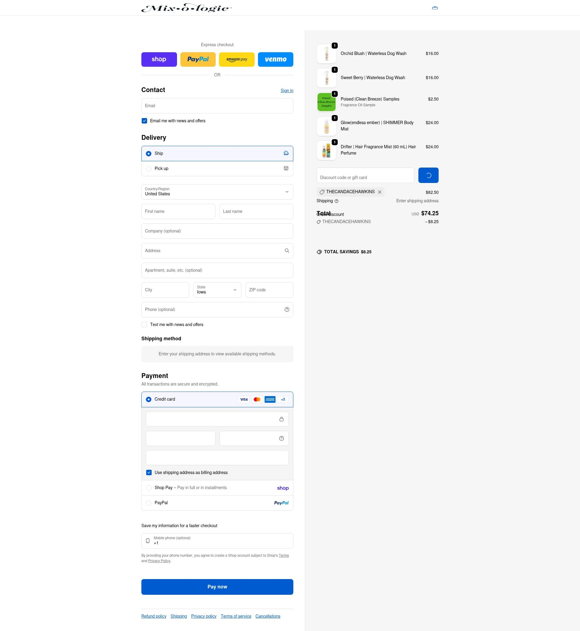 MIXOLOGIE checkout page showing MIXOLOGIE coupon code box | Screenshot taken by SimplyCodes community member on Feb 26, 2026