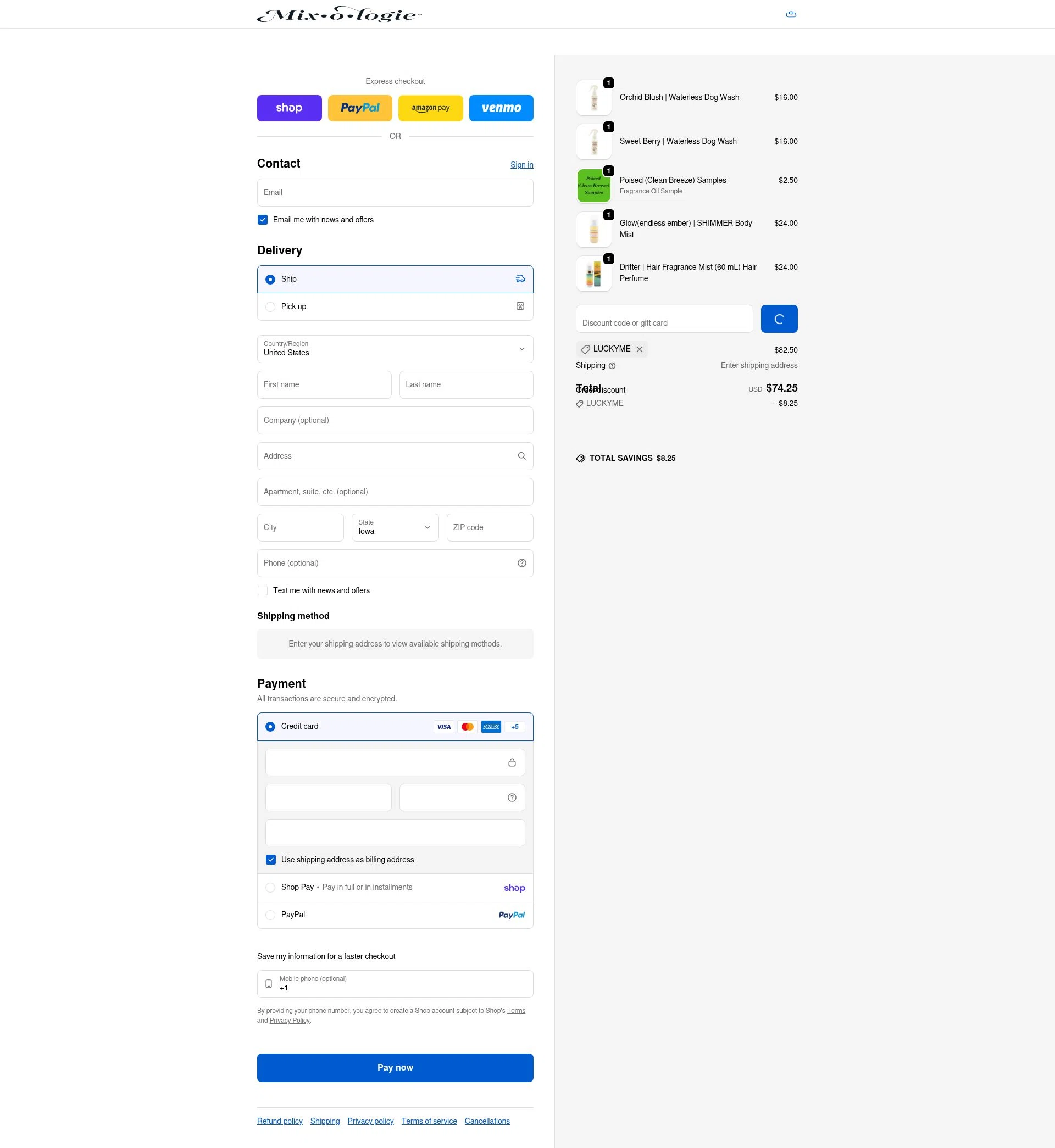 MIXOLOGIE checkout page showing MIXOLOGIE coupon code box | Screenshot taken by SimplyCodes community member on Feb 26, 2026