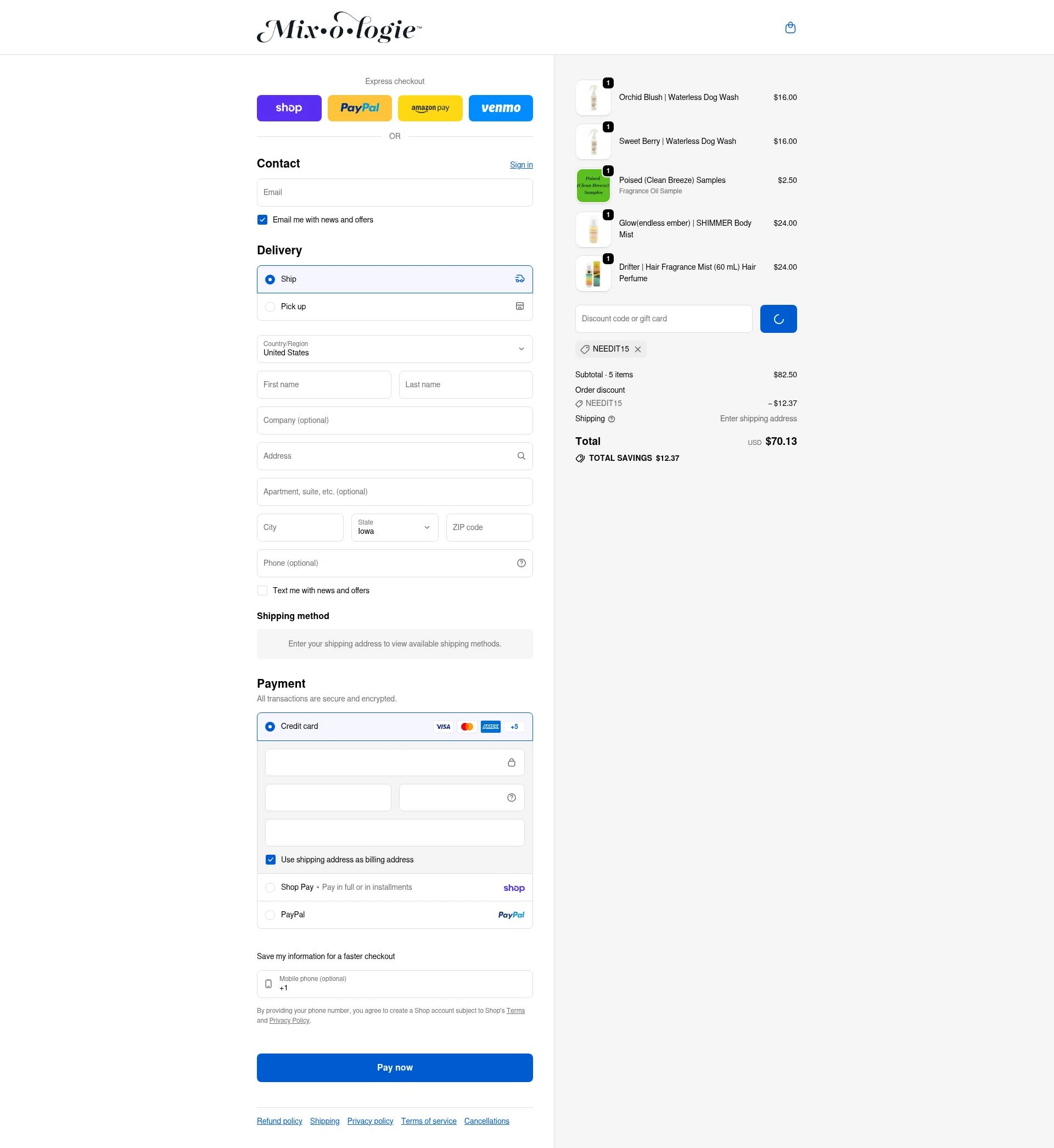 MIXOLOGIE checkout page showing MIXOLOGIE coupon code box | Screenshot taken by SimplyCodes community member on Feb 26, 2026