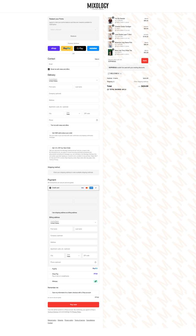 Mixology checkout page showing Mixology coupon code box | Screenshot taken by SimplyCodes community member on Sep 9, 2025