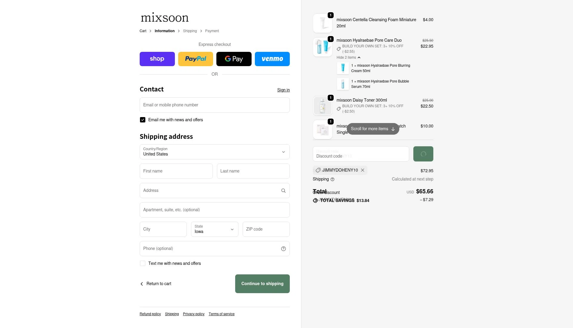 Mixsoon checkout page showing Mixsoon discount code box | Screenshot taken by SimplyCodes community member on Feb 16, 2026