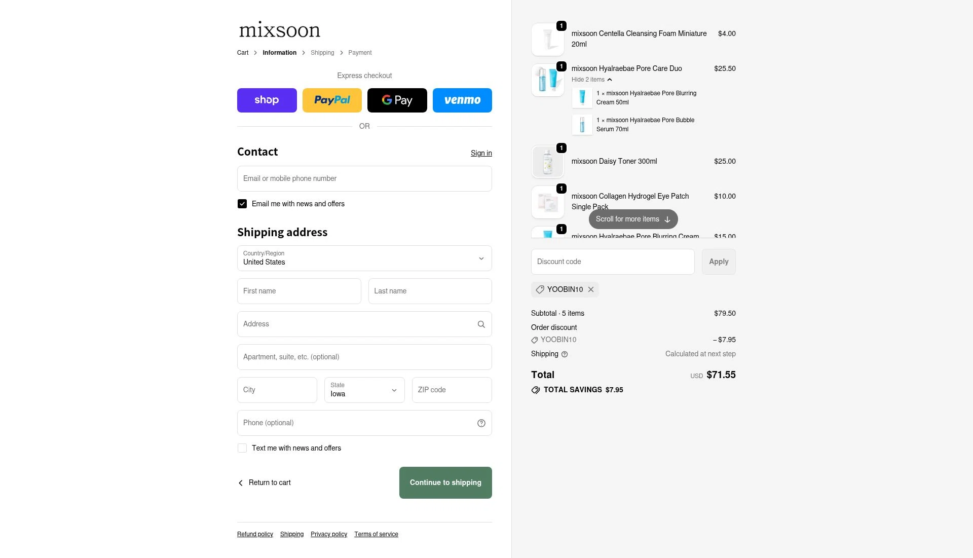 Mixsoon checkout page showing Mixsoon discount code box | Screenshot taken by SimplyCodes community member on Feb 16, 2026