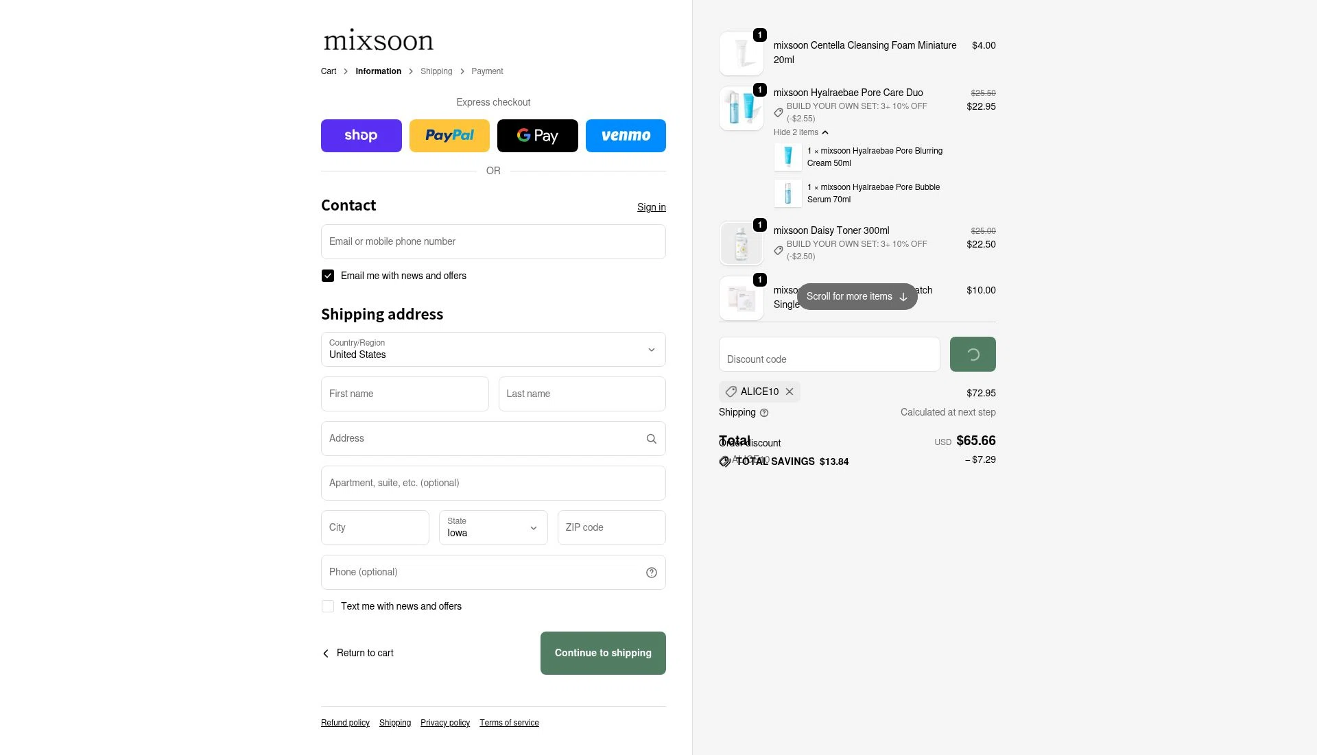 Mixsoon checkout page showing Mixsoon discount code box | Screenshot taken by SimplyCodes community member on Feb 16, 2026