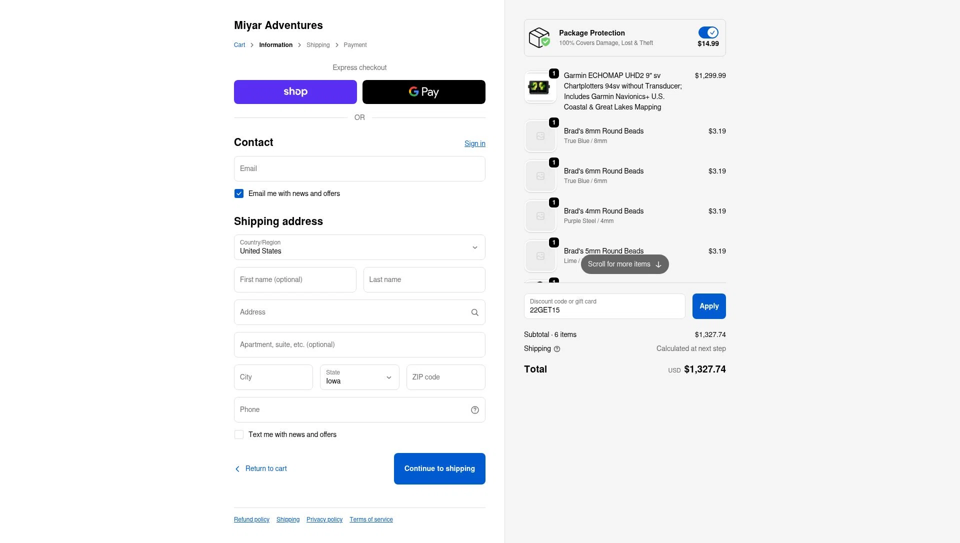 Miyar Adventures checkout page showing Miyar Adventures discount code box | Screenshot taken by SimplyCodes community member on Feb 17, 2026