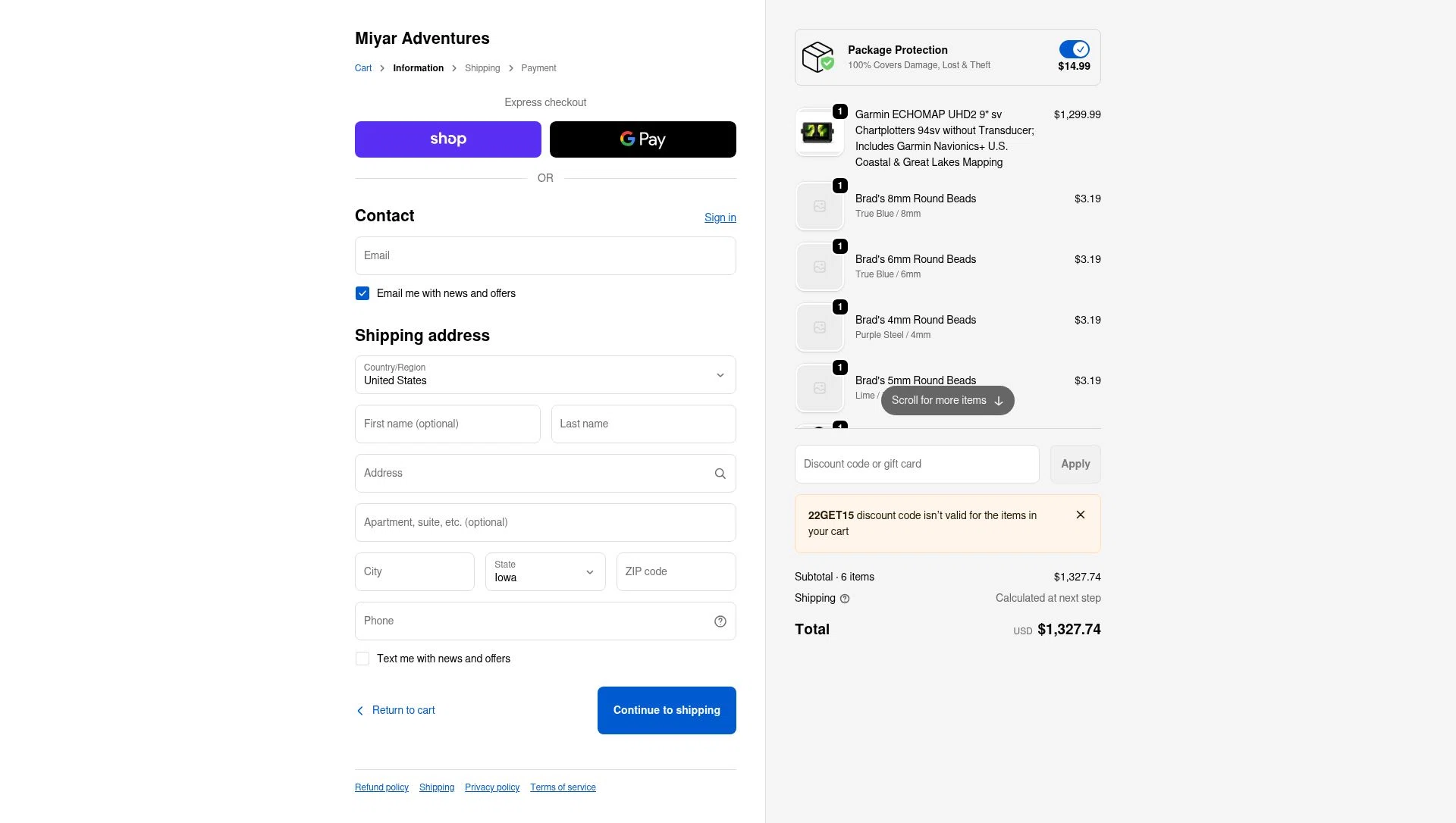 Miyar Adventures checkout page showing Miyar Adventures discount code box | Screenshot taken by SimplyCodes community member on Feb 13, 2026