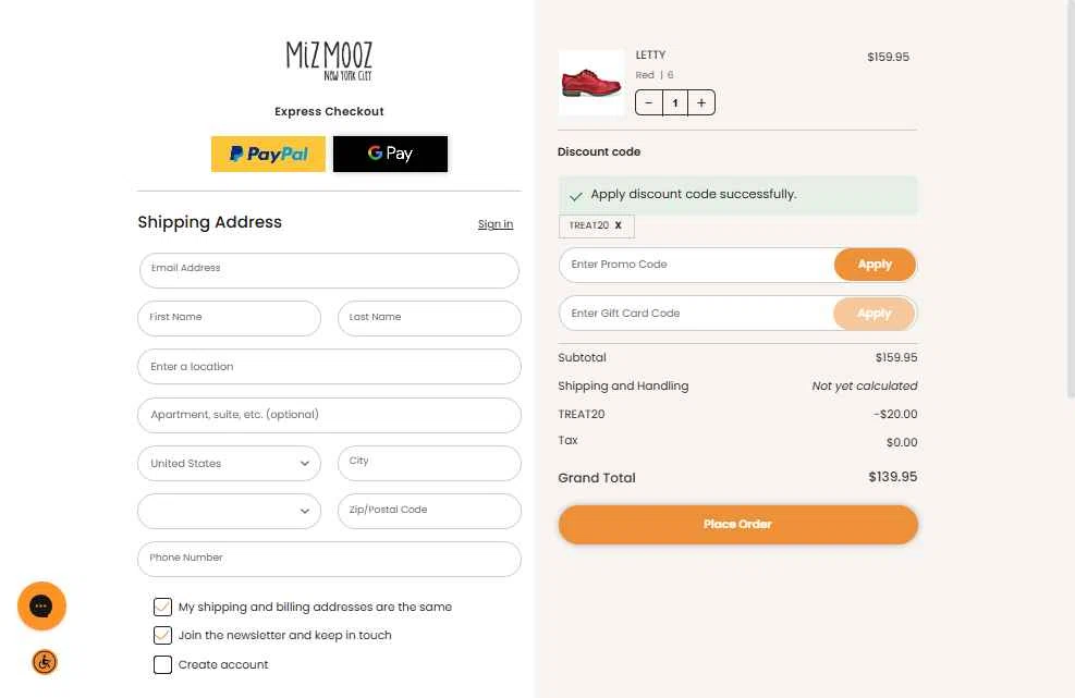 Miz Mooz checkout page showing Miz Mooz coupon code box | Screenshot taken by SimplyCodes community member on Oct 17, 2025