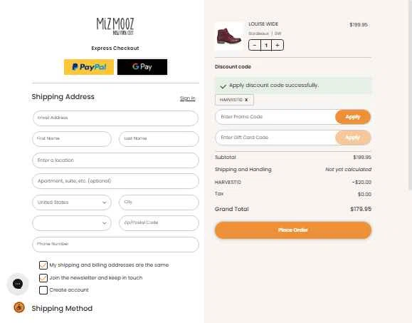 Miz Mooz checkout page showing Miz Mooz coupon code box | Screenshot taken by SimplyCodes community member on Dec 8, 2025