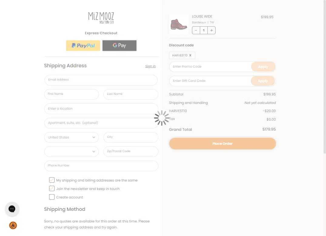 Miz Mooz checkout page showing Miz Mooz coupon code box | Screenshot taken by SimplyCodes community member on Dec 19, 2025