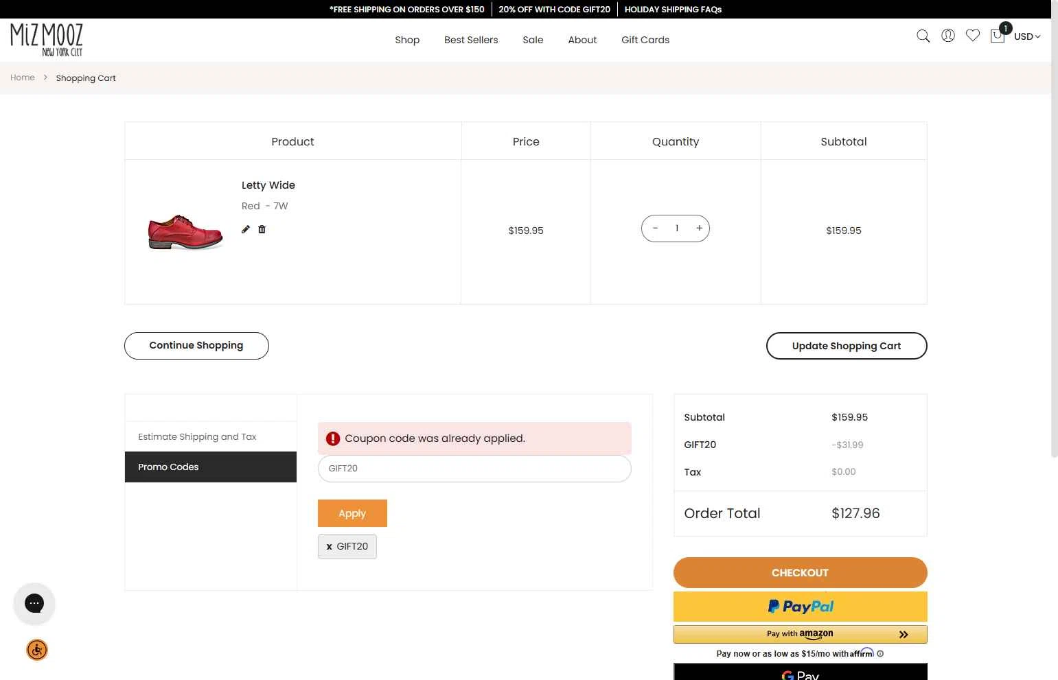 Miz Mooz checkout page showing Miz Mooz coupon code box | Screenshot taken by SimplyCodes community member on Dec 11, 2025