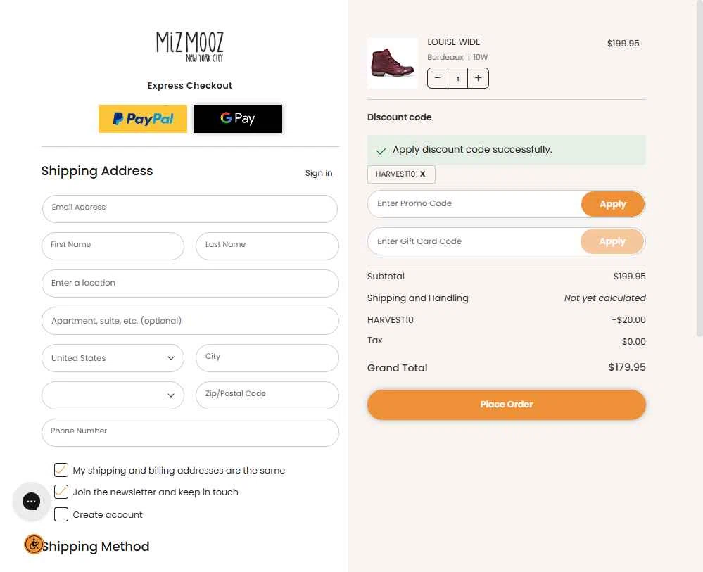 Miz Mooz checkout page showing Miz Mooz coupon code box | Screenshot taken by SimplyCodes community member on Dec 19, 2025