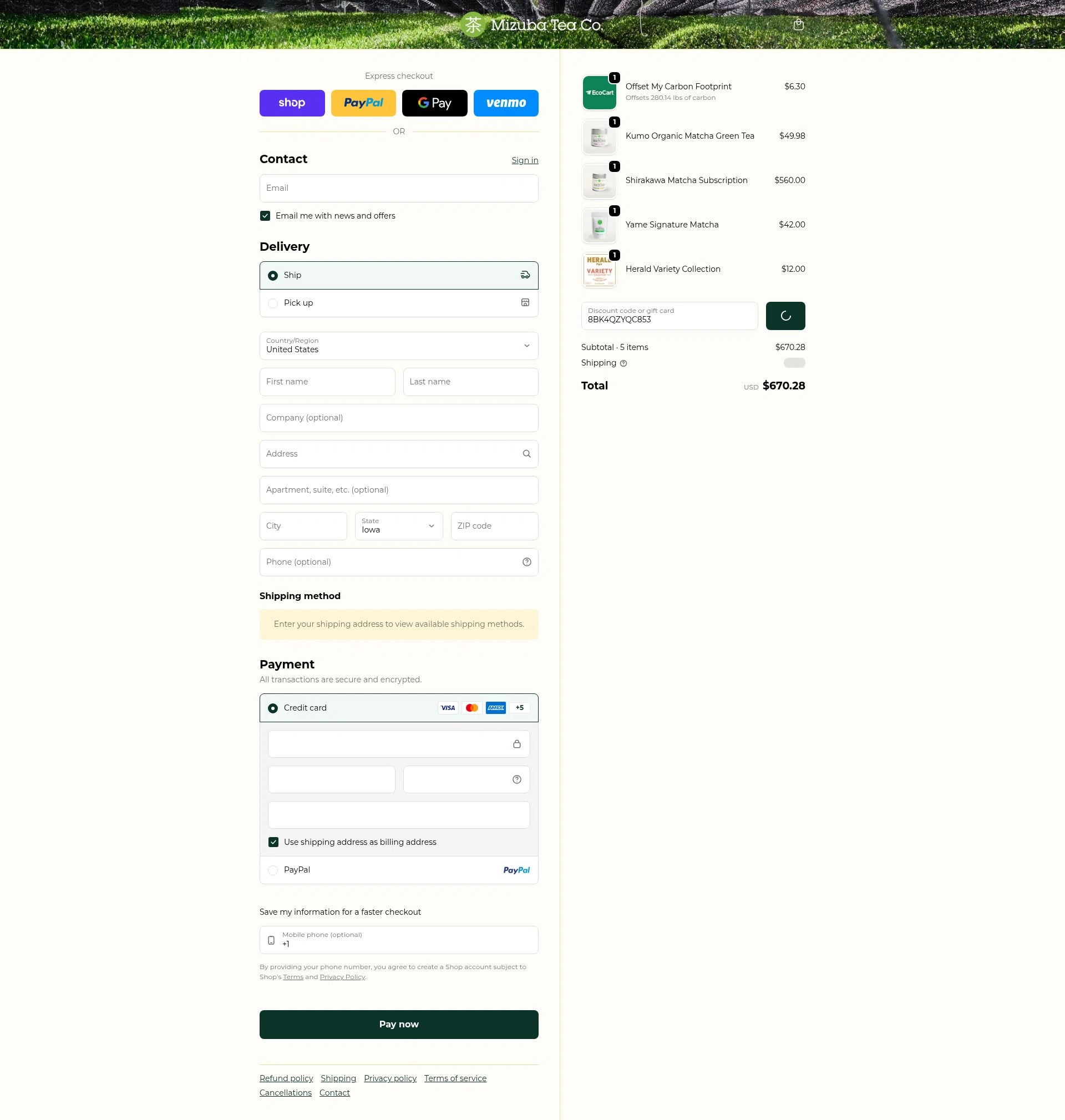 Mizuba Tea checkout page showing Mizuba Tea discount code box | Screenshot taken by SimplyCodes community member on Feb 4, 2026